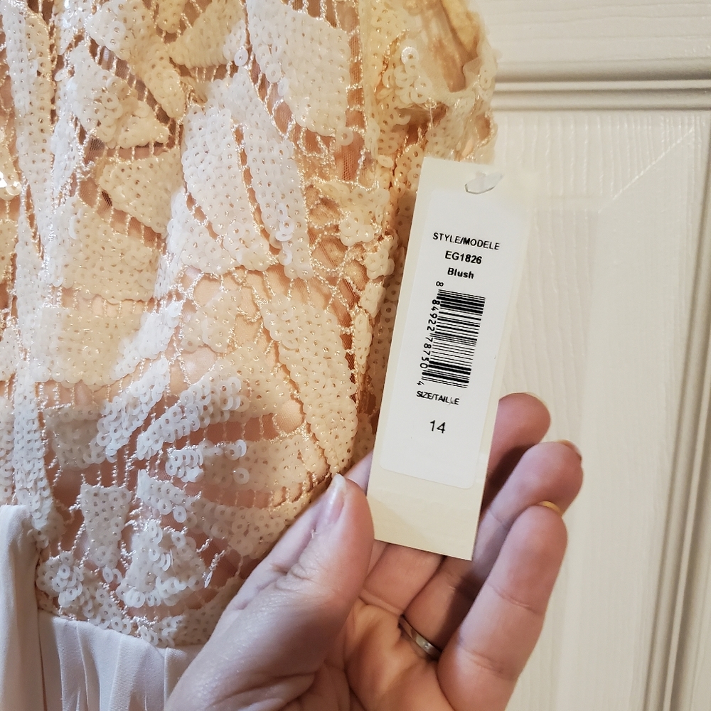 Badgley Mischka Draped Sequin Lace Gown In Blush - Picture 2 of 4